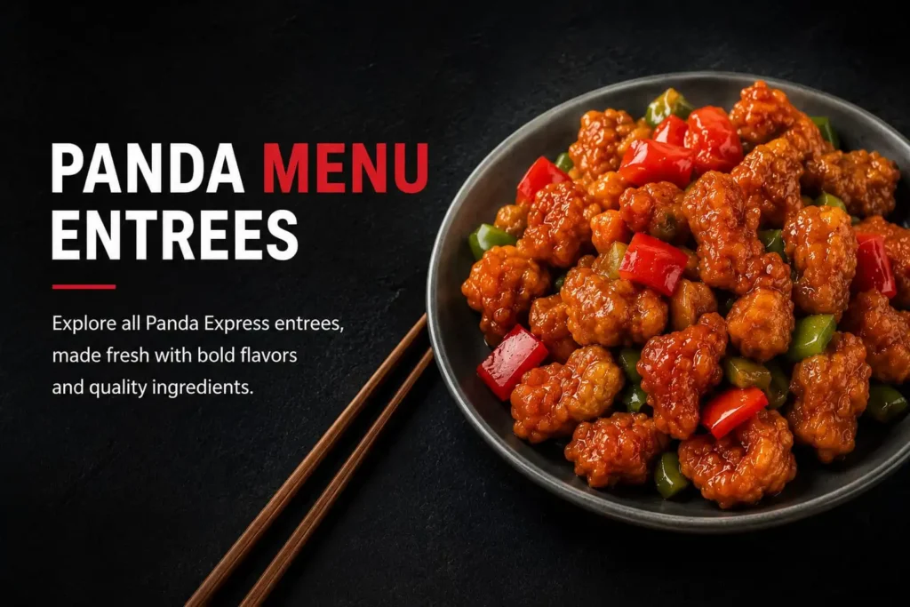 Panda Express Menu Entree 1 Panda Express Entrees Menu hero banner featuring Orange Chicken with fresh ingredients on a black background