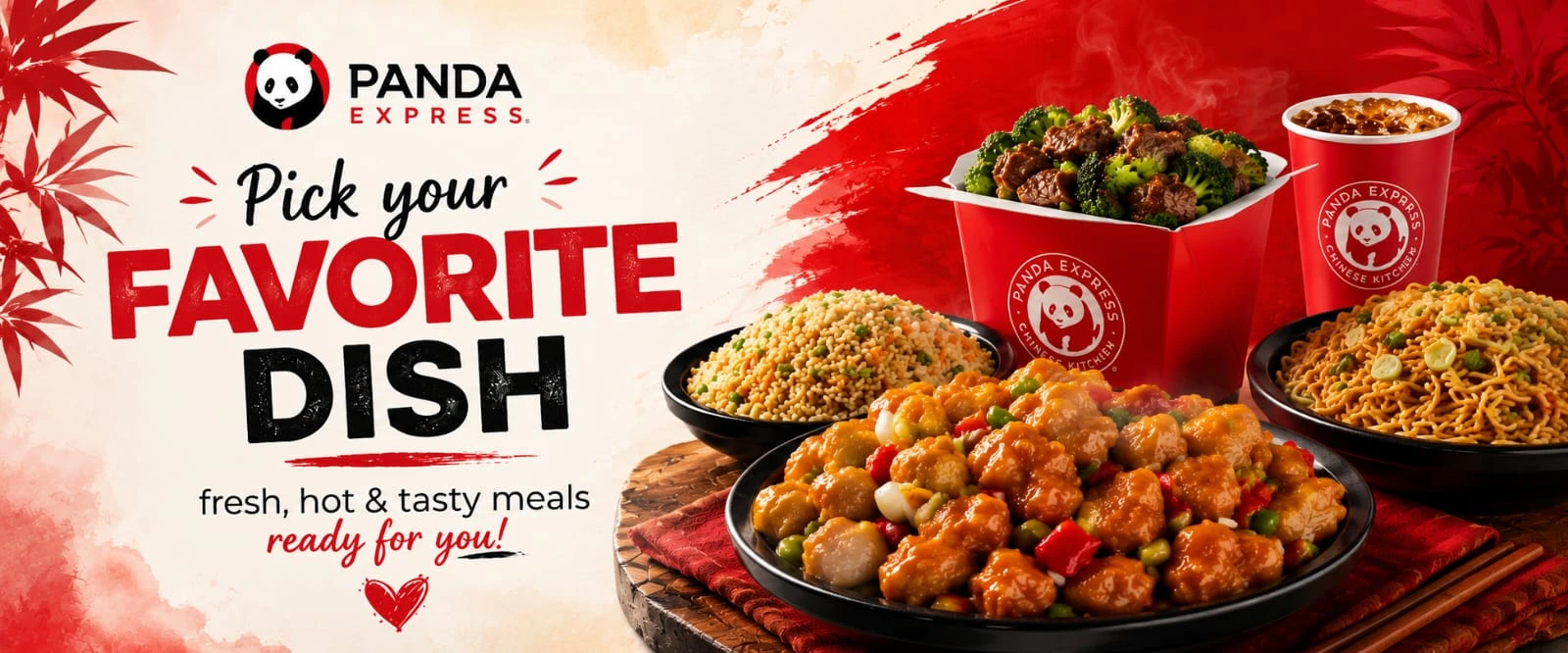 Panda Express favorite dish featuring orange chicken, fried rice, chow mein, beef with broccoli, and a