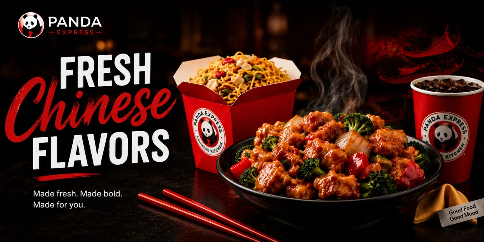 Panda Express Fresh Chinese Flavors meal with noodles, orange chicken, vegetables, and soft drink