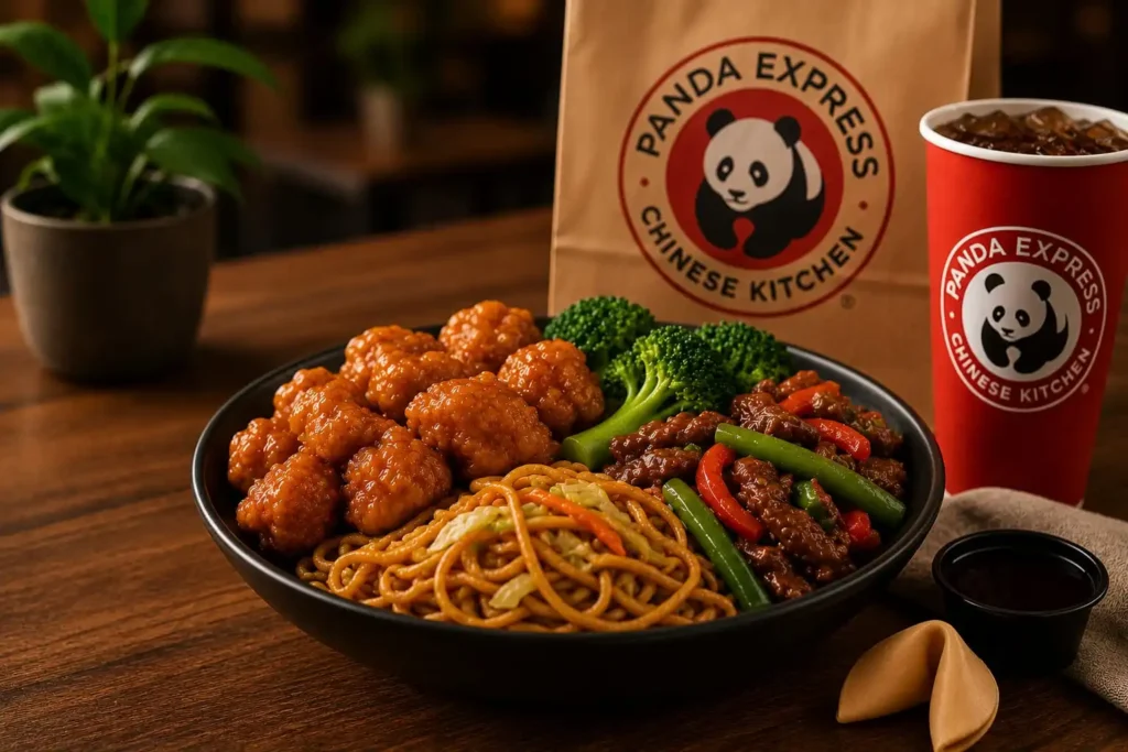 Panda Express Menu Entree 5 Panda Express entree meal with Orange Chicken, noodles, broccoli, and beef served on a wooden table