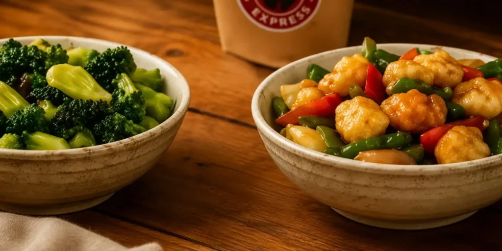Panda Express Menu Entree 4 Panda Express entree bowls with fresh vegetables and a delicious main dish on a wooden table