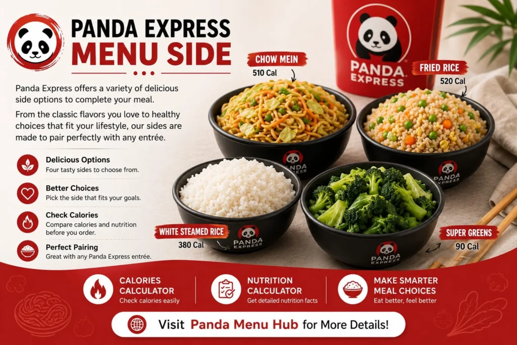 Panda Menu Sides Blog 6 Panda Express Menu Sides featuring Chow Mein, Fried Rice, White Steamed Rice, and Super Greens with calories and nutrition information