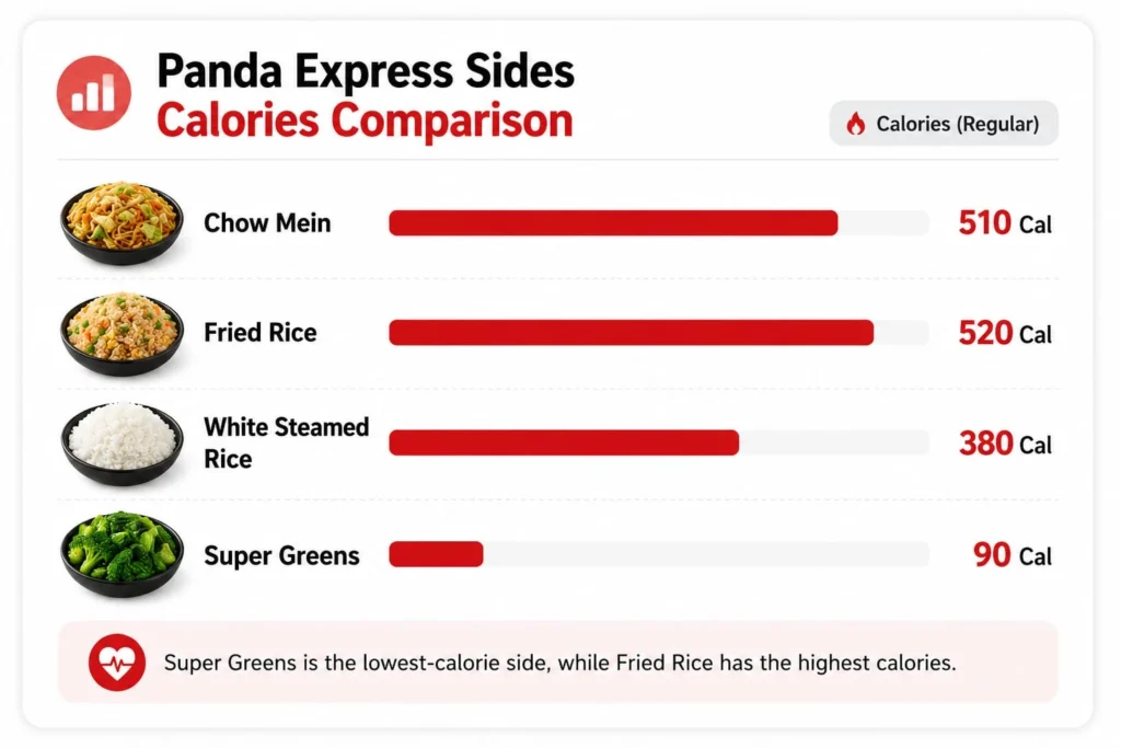 Panda Menu Sides Blog 5 Panda Express Sides Calories Comparison chart showing Chow Mein, Fried Rice, White Steamed Rice, and Super Greens